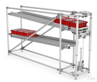 Liftable Karakuri material rack